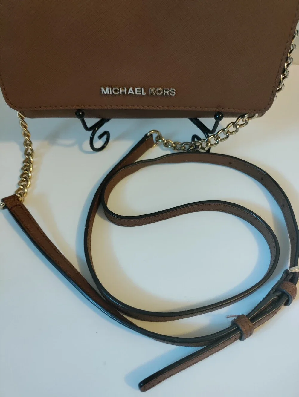 Michael Kors Cognac Saffiano Leather Crossbody Wallet with Gold Chain